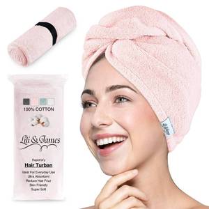 lot 19111 image: Lili&James 100% Cotton Hair Towel Wrap for WomenKids  Quick Dry, Soft & Absorbent 420-GSM Hair Wrap Towels with Double Button  Anti Frizz, Non Microfiber Hair Turbans for Curly, Long Hair (Pink) - Retail $13