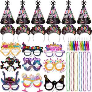 lot 19112 image: HOWAF 2026 New Year Eve Party Supplies, Happy New Year Tiaras Headband, 2026 New Year Glasses Top Hats Fringed Noisemaker and Necklace, Black and Colorful New Years Eve Party Favors - Retail $20