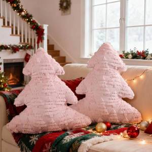 lot 19130 image: Lanpn Christmas Tree Pillows Set of 2, Tree Christmas Decoration Winter Soft Cute 3D Shaped Xmas Tree Throw Cushion for Sofa Bedroom Xmas Decor (18x16 inch, Pink)