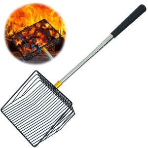 lot 19136 image: Hollow Out Fireplace Shovel Black Metal Coal Shovel Fireplace Ash Sifter Scalable Stainless Steel Handle with Silicone Protector to Prevent Burns, Fireplace Tools for Woodstove to Separate Coals - Retail $17
