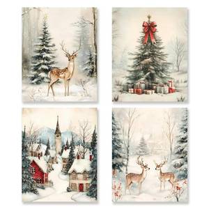 lot 19143 image: KSDUT Christmas Wall Art Decor Set of 4 - Retro Winter Snowy Artwork Poster Vintage Pine Tree Deer Town Holiday Landscape Wall Decor for Home Farmhouse Bedroom Decorations - 8x10 Unframed - Retail $12