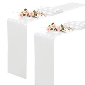 lot 19148 image: 2 Pack White Table Runners 12 x 108 Inch, Rectangular Smooth Satin Silk Table Runner for Wedding, Banquet, Birthday Party Decoration - Retail $6