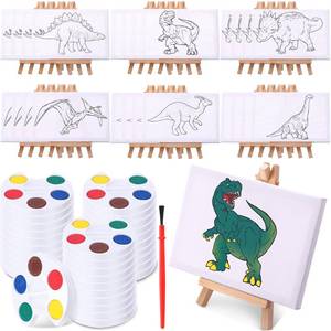 lot 19205 image: MotiMind 24 Sets Canvas for Painting Dinosaurs 4 x 6 Pre Drawn Canvas Painting Dinosaur Kit Animals Pre Drawn with Paints Brushes for Beginners Students Dinosaur-Themed Party - Retail $42