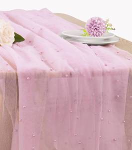lot 19208 image: Pearl Table Runner 29 x 120 Inch Tulle Fabric Lace Table Runners for Bridal Shower Birthday Party Wedding Arch Dessert Table Decor(1 Pack, Pink) - Retail $14