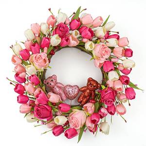 lot 19210 image: JFLORU Valentines Day Decorations Romantic Valentines Day Gifts 22 Inch Valentines Day Wreath with Lovely Bear Heart Roses Tulips for Valentine Party Anniversary Candlelight Dinner - Retail $30