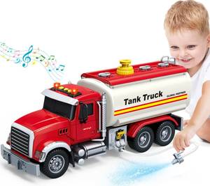 lot 19217 image: SpringFlower Toy Truck, Boy Toy for 3 4 5 6 Year Old Boys, Oil Tanker Truck Toy with Sound Light and Water Spray Function, Christmas Birthday Gifts for Boys & Girls - Retail $30