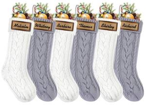 lot 19222 image: WHITE AND TAN, NOT GREY XOYTN 6pack Christmas Stockings, 18inch Large Personalized Cable Knitted Xmas Hanging Stocking Decorations with Leather Patches Custom Name for Holiday Christmas Party Family Decor (Khaki and White) - Retail $23