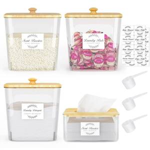lot 19243 image: Vincona Laundry Room Organization and Storage, Laundry Pods Container and Dryer Sheet Holder with Bamboo Lids and Labels, Laundry Organizer with Scoops for Booster Beads, Powder, Pods, 31 Pack - Retail $27