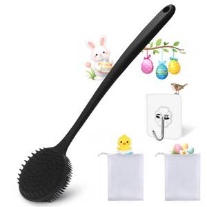 lot 19251 image: YouthRun Silicone Body Scrubber for Shower Men Women �� Dual-Sided Exfoliating & Massage Shower Brush with Long Handle, Creates Rich Lather, Includes 1 Hook & 2 Lather Balls (Black). - Retail $8