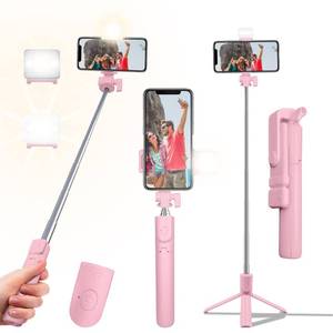 lot 19255 image: Selfie Stick Tripod, 40in Retractable Phone Tripod with Wireless Remote Control & Light, Portable Selfie Stick Tripod for Photograph, Video Recording, Compatible with All Cellphones (Pink) - Retail $12
