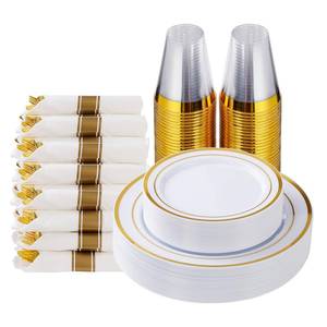 lot 19260 image: Goodluck 175 Piece Gold Plastic Dinnerware Set for 25 Guests, Fancy Disposable Plates for Party, Include 25 Dinner Plates, 25 Dessert Plates, 25 Pre Rolled Napkins with Gold Silverware, 25 Cups - Retail $40