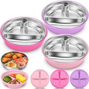 lot 19261 image: Nuogo TWO PACK 2Pcs Stainless Steel Baby Suction Plates with Removable Silicone Shell 2-in-1 Metal Toddler Bowl Divided for Picky Eaters Kid Feeding Led Weaning Supply, Dishwasher Safe (Red Series)