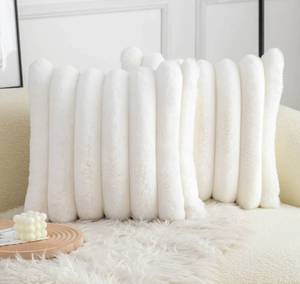 lot 19263 image: Neelvin Cream White Faux Fur Cozy Soft Striped Decorative Throw Pillow Covers 16x16 inch Set of 2,Velvet Pillowcase Cushion Case for Sofa Couch - Retail $21