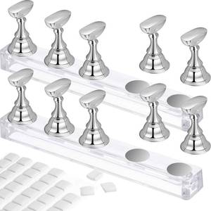 lot 19268 image: Blulu 2 Set Nail Stand for Painting Press Nail Holder Acrylic Magnetic Tips Training Fingernail Display Stands DIY Crystal Holders and 96 Pieces White Reusable Adhesive Putty(Silver) - Retail $6