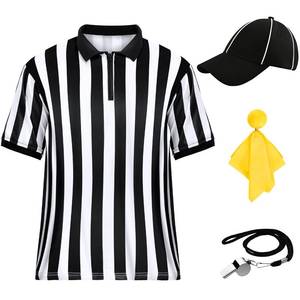 lot 19272 image: ComfyKit Mens Referee Costume Kit,Referee Shirt Stripe Umpire Jersey,Hat,Stainless Steel Whistle with Lanyard,Penalty Flag for Football Soccer Sports and Halloween Cosplay Outfits - Retail $20
