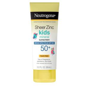 lot 1 image: Neutrogena Sheer Zinc Oxide Kids Mineral Sunscreen Lotion, Broad Spectrum SPF 50 with UVAUVB Protection, Water-Resistant for 80 Minutes, Paraben-, Dye-, Fragrance- & Tear Free, 3 fl. oz - Retail $17