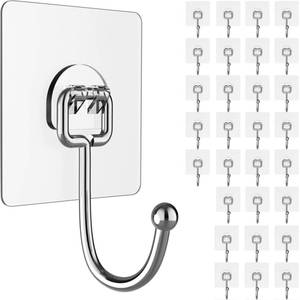 lot 6 image: Large Adhesive Hooks for Hanging Heavy-Duty 44Ib(Max) 30 Packs, Wall Hangers without Nails Self-Adhesive Traceless Clear and Removable, Waterproof and Rustproof Multiple Uses for Bathroom Kitchen Home - Retail $28
