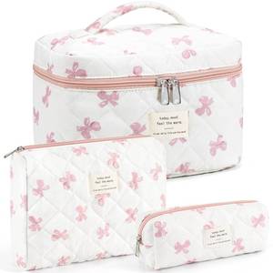 lot 16 image: UUYUUY Makeup Bag for Women 3PCS Quilted Cotton Make Up Bag Travel Cosmetic Bag Large Makeup Bag Set Cute Bow Makeups Purse Organizer Floral Toiletry Pouch - Retail $14