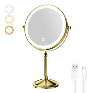 lot 19 image: DOWRY 4000 mAh Rechargeable Lighted Makeup Mirror 10x Magnification Vanity Mirror Tabletop Two-Sided Swivel Gifts for Women Wife Mom Teengirls Gold Finish - Retail $38