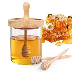 lot 22 image: SlZKADY 12 Oz Honey Jar with 2 Wooden Dippers and Lid,Honey Pot Dispenser,Clear Glass Honey Container for Home Kitchen,Store Honey and Syrup,Easy to Clean - Retail $13