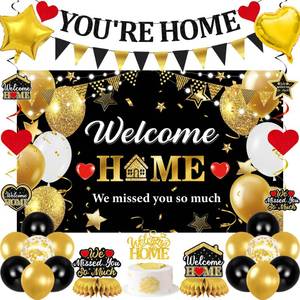 lot 27 image: Holkcog Welcome Home Decoration, Black Gold Welcome Back Party Decorations, We Missed You So Much Banner Party, Glitter Home Party Sign Banner Ballons, Family Reunion Party Decora Supplies - Retail $20