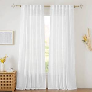 lot 29 image: RYB HOME Linen Sheer Curtains for Living Room Textured Semi Sheer Curtains Large Window Treatment for Bedroom Patio Door, White, 52 inch Width x 108 inch Length, 2 Panels - Retail $29