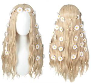 lot 31 image: Linfairy 70s Long Blonde Wavy Hippie Wigs with Sunflower Headband Halloween Cosplay Costume Wig for Women Party (Blonde) - Retail $24