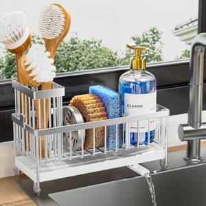 lot 35 image: BLACK NOT SILVER Cisily Sponge Holder for Kitchen Sink, Sink Caddy Organizer with High Brush Holder, Kitchen Countertop Organizers and Storage Essentials, Rustproof 304 Stainless Steel (Silver, 9.25��) - Retail $20