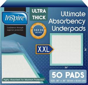 lot 19278 image: Inspire Extra Large Super Absorbent Disposable Bed Pads for Chronic Incontinence Ultra Thick and Absorbent Bed Pads Disposable Adult  Pee Pads for Adults (36 X 36 Pack of 50) - Retail $42