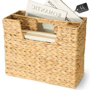 lot 19279 image: CHI AN HOME Wicker Magazine Basket, Handwoven Water Hyacinth Storage Bin & Organizer for Files, Books, Newspapers, Documents, Decorative Storage Bin with Handle for Office, Living Room, Dorm, Bathroom - Retail $33