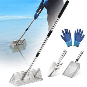 lot 19281 image: Sand Flea Rake, Long Handle Sand Sifter for The Beach, Stainless Steel Shark Tooth Sifter Comes with A 16-Inch Wide Mesh Screen for Collecting Fleas, Shark Teeth, and Seashells - Retail $50
