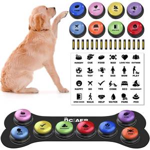 lot 19298 image: DCIAER Dog Buttons for Communication,Talking Buttons for Dogs,8 Recordable Sound Buttons  24 Scene Patterns  1 Dog Button Mat 16 AAA Batteries��30 Seconds Dog Buttons for Pet Sound Training Toy - Retail $35