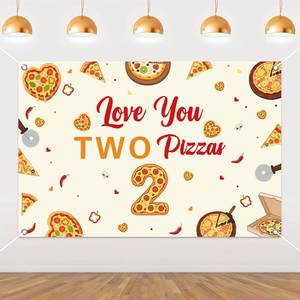 lot 19303 image: kreat4joy Love You Two Pizzas Backdrop Banner 53ft- Pizza 2nd Birthday Party Decoration Background with Pre-Punched Hole Vinyl Fabric Wall Banner for Fast Italy Food Boy Girl 2nd Birthday Decoration - Retail $11