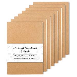 lot 19306 image: feela 7 Pack A5 Kraft Notebooks, 60 Lined Blank Pages Travel Journal Bulk, Soft Cover Notebooks for Women Girls Students, Making Plans Writing Memos Office School Supplies, 8.3 X 5.5 in - Retail $13