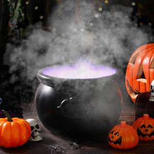 lot 19310 image: Wettarn Halloween Witches Cauldron 8 Plastic Smoking Cauldron Punch Bowl Decorations with Handle Mist Maker Fogger 12 LED Lights Fog Machine Atomizer Large Smoking Pot for Indoor Outdoor Parties - Retail $22