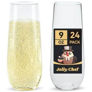 lot 19318 image: JOLLY CHEF 24 Pack Stemless Plastic Champagne Flutes 9 oz, Crystal Clear Stemless Plastic Toasting Glasses, Clear Disposable Unbreakable Drinkware Ideal for Wedding, Birthday, Party, Christmas - Retail $20