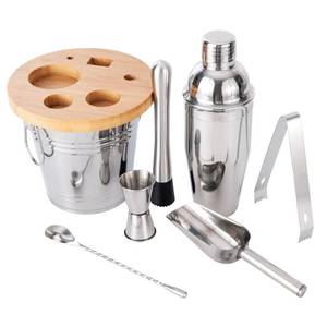 lot 19329 image: JNWINOG 8-Pcs Cocktail Shaker Set Bartender Kit  Bar Set Drink Mixer Set with Ice Bucket and All Bar Accessory Tools Martini Shaker, Jigger, Strainer, Mixer Spoon, Muddler, Liquor Pourers Silver - Retail $33