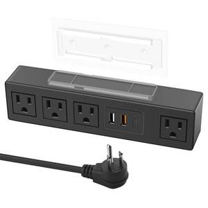 lot 19331 image: HHSOET Under Desk Power Strip with 3M Adhesive, Removable Under Desktop Mount Plug with Fast Charging USB C and USB A Ports, 4 Outlet Under Table Surge Protector 1200J, 6FT Extension Cord. (Black) - Retail $27