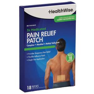 lot 19337 image: HealthWise Targeted Pain Relief Medicated Patch  Back and Large Areas  18-Count  5.6�� x 3.6��  Topical Analgesic  Camphor, Menthol, Methyl Salicylate  Flexible Adhesive - Retail $10