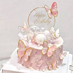 lot 19342 image: Pink Butterfly Cake Toppers, 11pcs Cupcake Toppers Happy Birthday Metal Gold Topper for Girls Womens Party Decorations - Retail $6