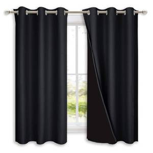 lot 19347 image: NICETOWN Complete 100% Blackout Curtain Set, Thermal Insulated & Energy Efficiency Window Draperies with Black Liner, Noise Reducing Short Curtains for Kids Room (Black, 42W by 63L, Double Panels) - Retail $32