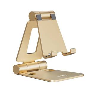 lot 19357 image: Nulaxy Dual Folding Cell Phone Stand, Fully Adjustable Foldable Desktop Phone Holder Cradle Dock Compatible with iPhone 17 16 15 14 13 12 11 Pro Xs Xs Max Xr X 8, Nintendo Switch, All Phones - Gold - Retail $9