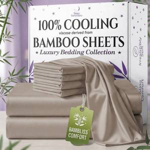 lot 19359 image: SLEEP SANCTUARY 100% Viscose Derived from Bamboo Sheets King Size 6pcs �� BamBliss Luxury Cooling Sheets for Hot Sleepers - Cloud Soft, 17 Deep Pocket, Ultra Durable Bed Set (Taupe) - Retail $70