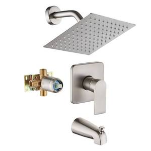 lot 19370 image: Brushed Nickel Tub Shower Faucet Set Complete with 8-Inch Rainfall Shower Head and Tub Spout Included Shower Valve Tub Shower Trim Kit Brushed Nickel - Retail $65