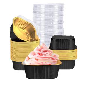 lot 19391 image: ZWYSLFCY 40 Pack Mini Cake Pans with Lids, 5oz Square Aluminum Foil Brownie Baking Cups, Muffin Tin Ramekins, Disposable Dessert Cupcake Cups for Wedding Birthday Party, Black,Gold - Retail $10