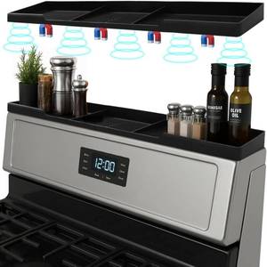 lot 19396 image: Silicone Magnetic Over the Stove Shelf for Back of Stove - Magnetic Stove Top Shelf and Over Stove Shelf, Over Oven Shelf for Top of Stove, Over the Stove Spice Rack, Includes 6 Extra Plates (Black) - Retail $16