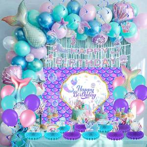lot 19397 image: Frienda Mermaid Birthday Decorations Includes Banner, Backdrop, Foil & Latex Balloons, Hanging Swirls, Foil Curtain, Honeycomb Centerpieces for Sea Baby Shower Women Mermaid Party Decoration - Retail $20