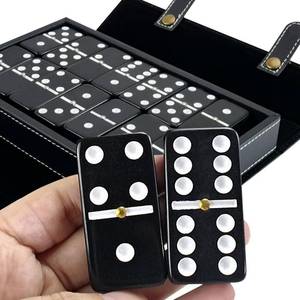 lot 19399 image: Bucher&Rossini Dominoes Set Double 6 - Classic Black Dominos Game Set for Adults and Kids Idea Gift Present for Domino Players or Family Game Night (Black Tiles) - Retail $28