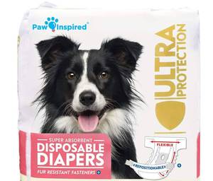 lot 19434 image: Paw Inspired 20ct Disposable Dog Diapers  Female Dog Diapers Ultra Protection  Diapers for Dogs in Heat, Excitable Urination, or Incontinence (Large) - Retail $23