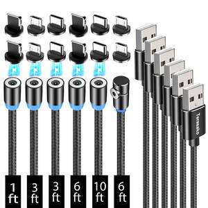 lot 19435 image: Terasako Magnetic Charging Cable 6-Pack 1ft3ft3ft6ft6ft10ft, 3 in 1 Nylon Braided Magnetic Phone Charger, Compatible with Micro USB, Type C, iProduct and Most Devices - Retail $20